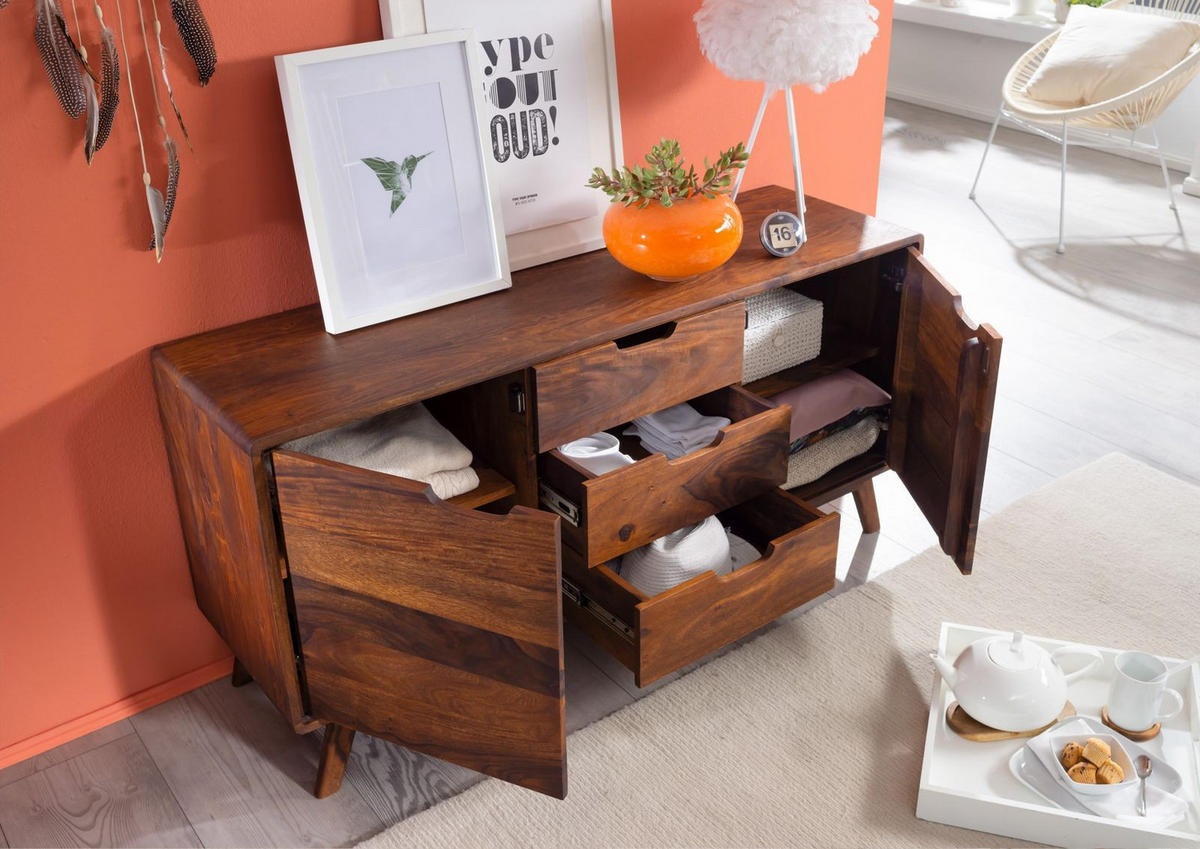 SIDEBOARD Sheesham 134x40x65 walnuss gewachst MALMÖ 2 #107 - Dunkelbraun, Holz (134/65/40cm) - Massivmoebel24