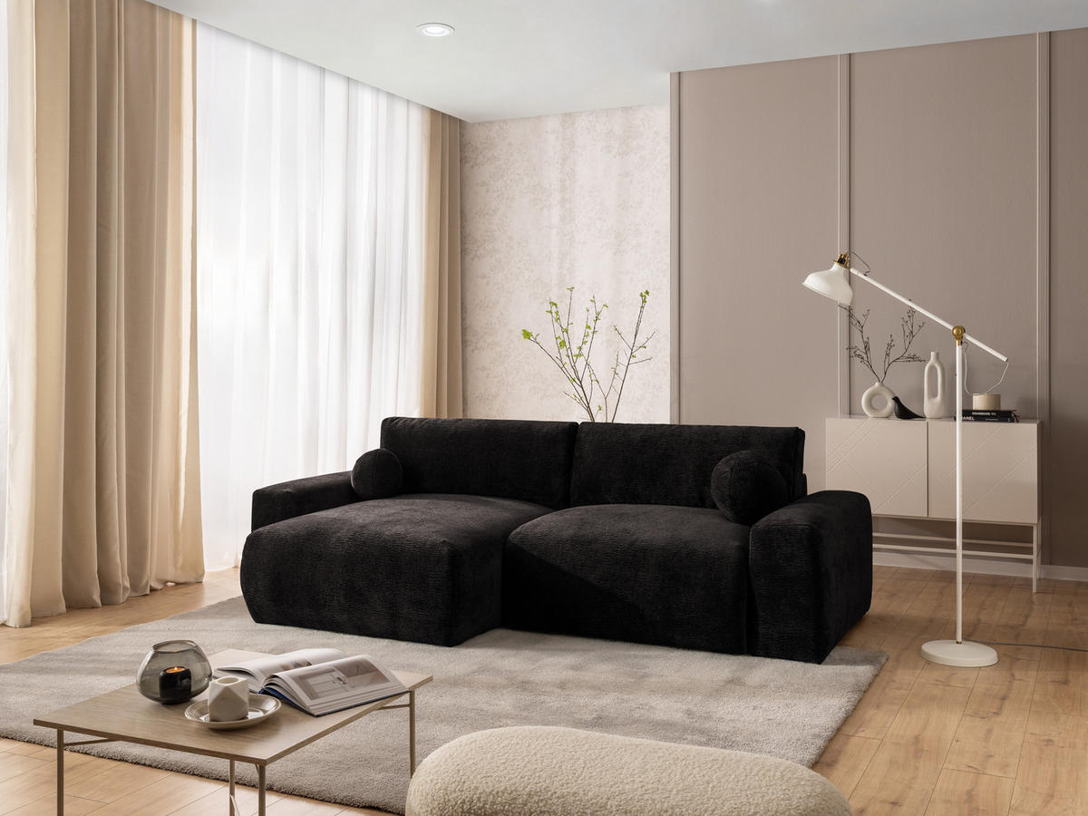 ECKSOFA Puffy mit Schlaffunktion und Bettkasten - besonders weich und puffig aus Braun Stoff mit Chenillestruktur - Ottomane links - Schwarz/Braun, Holz/Kunststoff (138/266cm) - S-Style Möbel