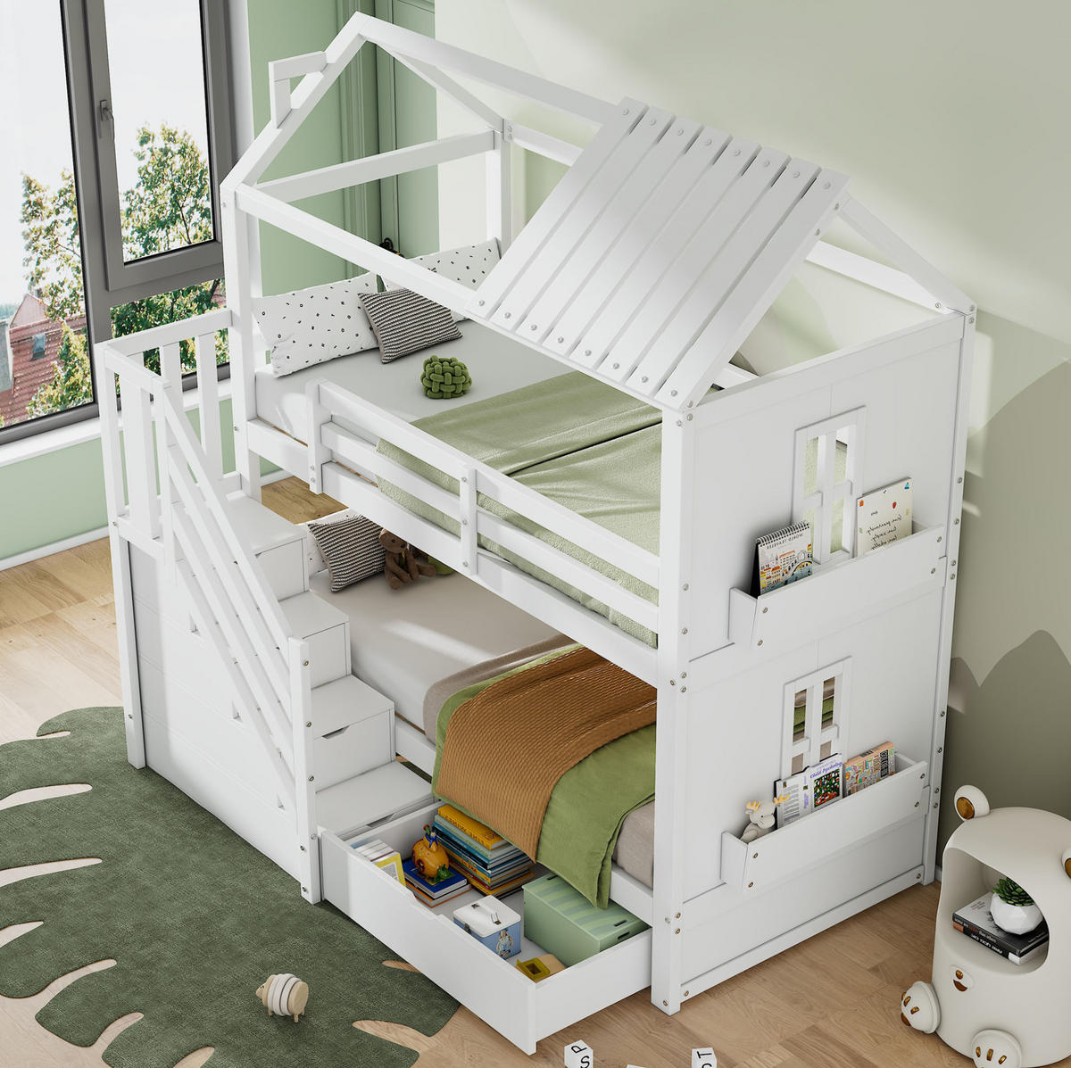 KINDER-ETAGENBETT aus Kiefernholz und MDF 90x200 cm Weiß mit Stauraumtreppe und Schubladen - Weiß, Holzwerkstoff (90/200cm) - IVMEU