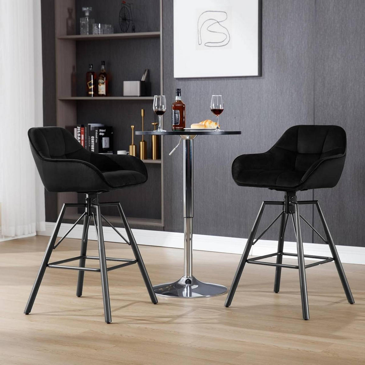 BARHOCKER 4er Set, Samt, Metall, Schwarz - Schwarz, Textil/Metall (51/94.5/53cm) - Woltu