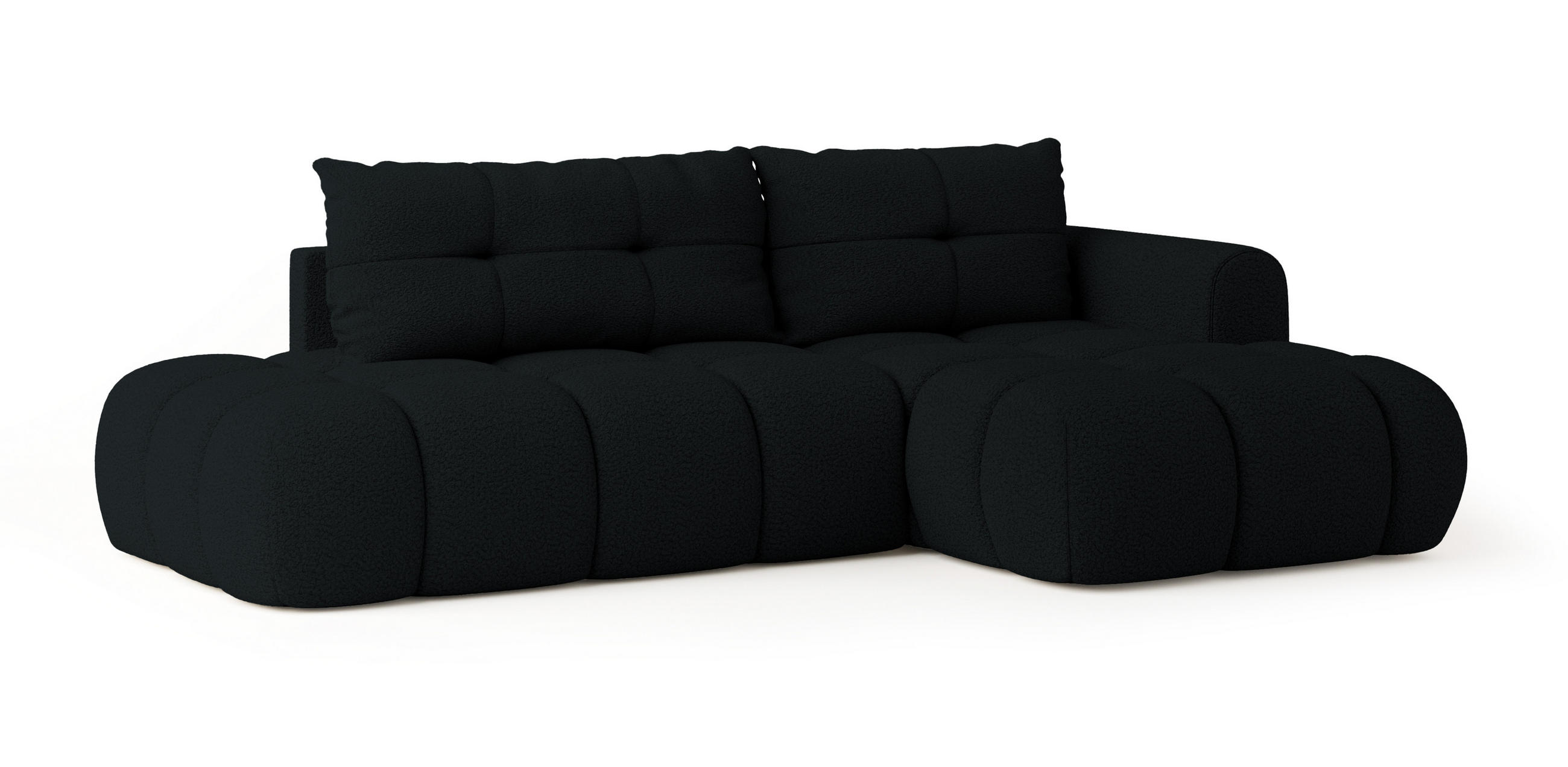 ECKSOFA FLUMA R-S Schwarz Boucle-Stoff mit Schlaffunktion - Schwarz, Holz (279/158cm) - MASSENO