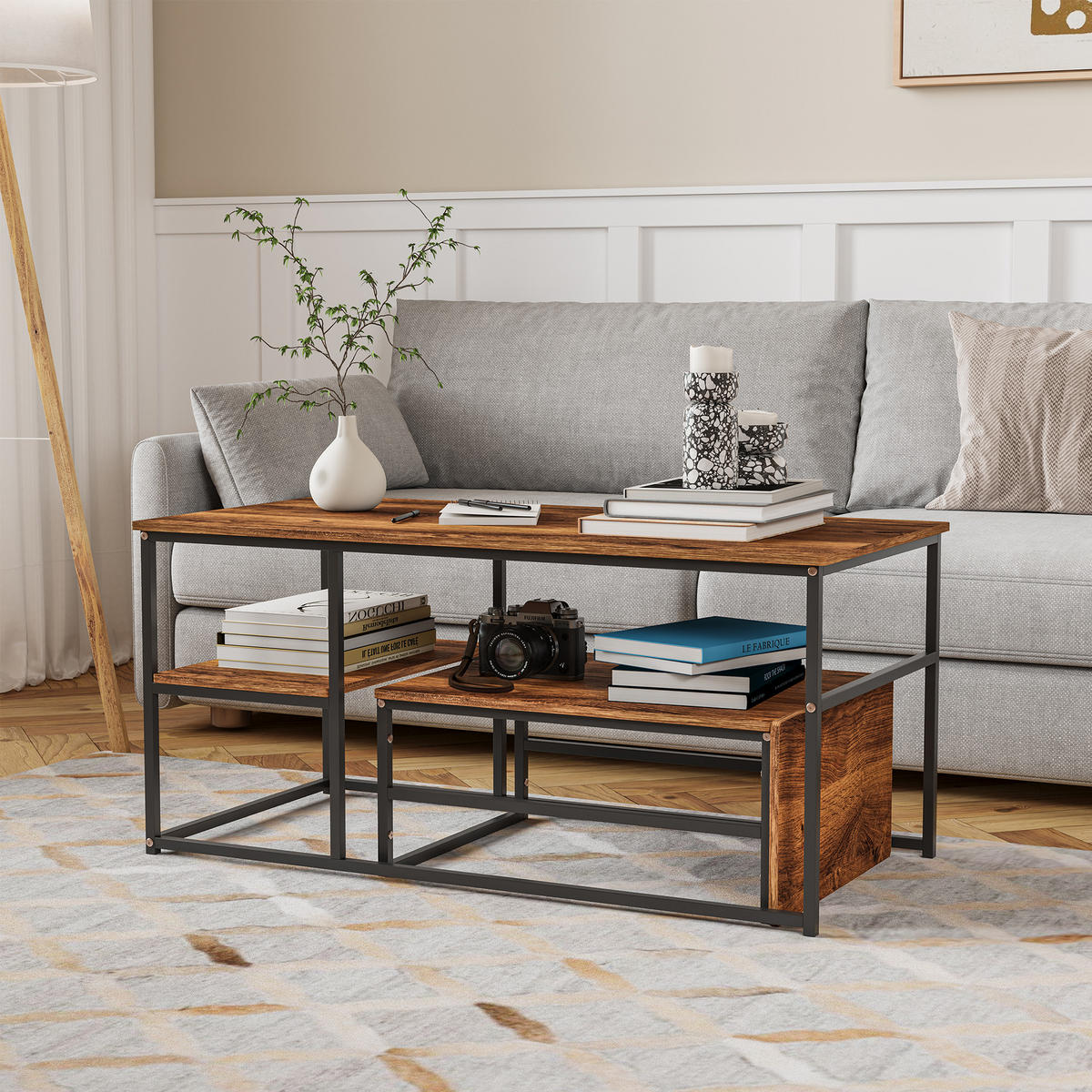 WOHNZIMMERTISCH 2er-Set rechteckig, Couchtisch mit Metallrahmen, Braun - Braun, Metall (105/52/48cm) - PARAFTA HOME