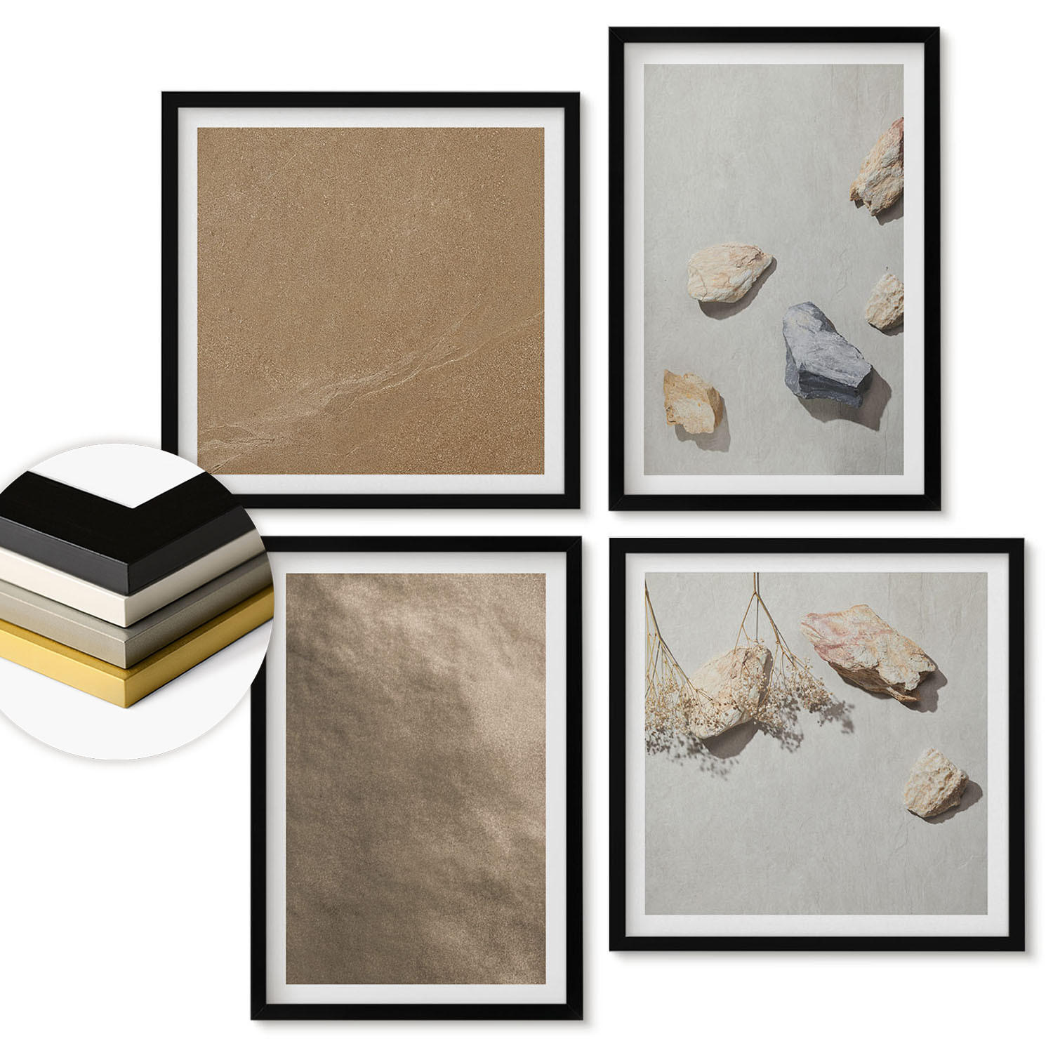 WANDBILDER 4er-Set - 50x50 cm & 40x60 cm Schwarzer Rahmen - Strandsteine natürliche Strukturen - Schwarz, Kunststoff (50/50cm) - ArtPrintCave