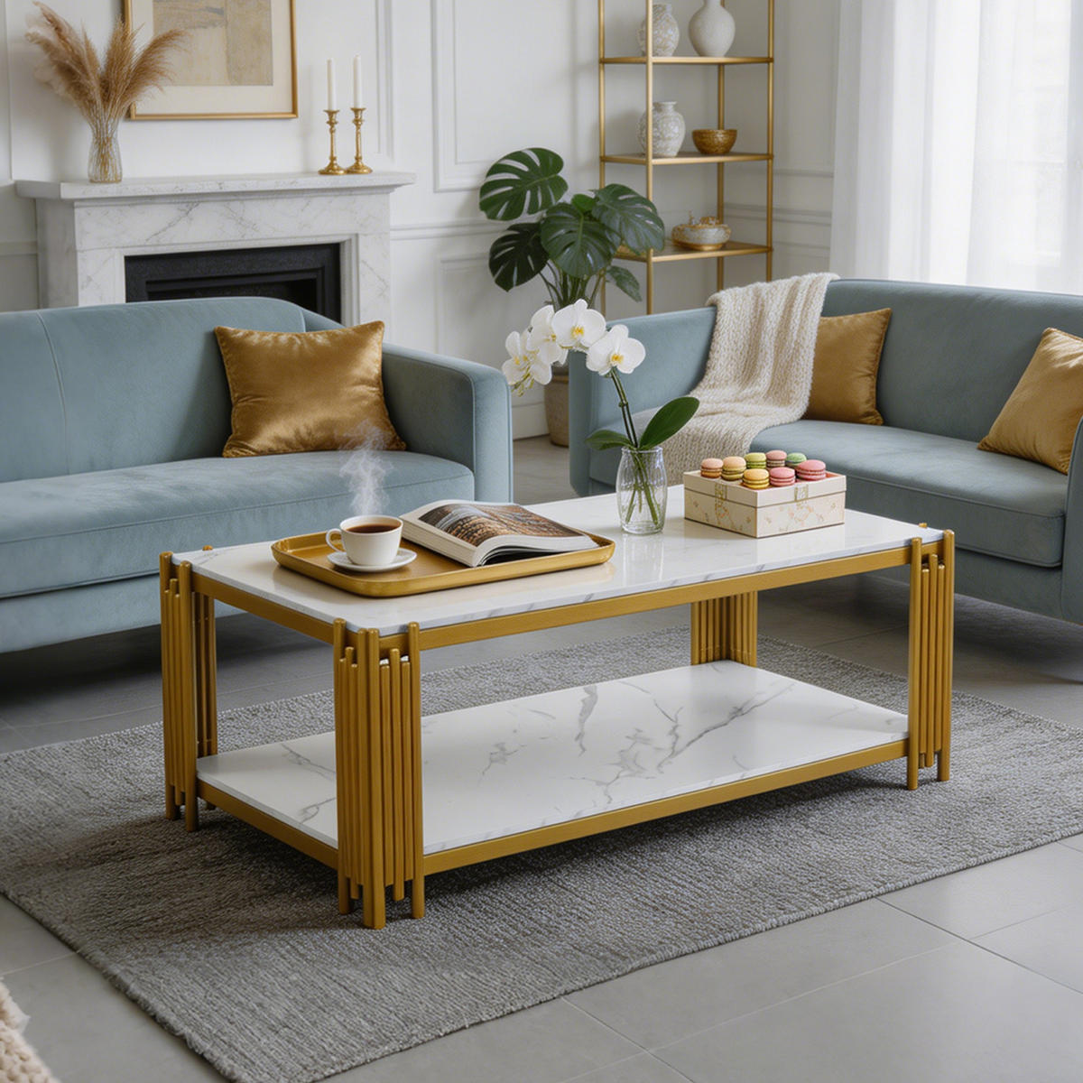 COUCHTISCH 2-stufig, Marmoroptik, Holzwerkstoff, Metallgestell, Weiß und Gold - Weiß, Holzwerkstoff (114/64/46cm) - Meubles Cosy