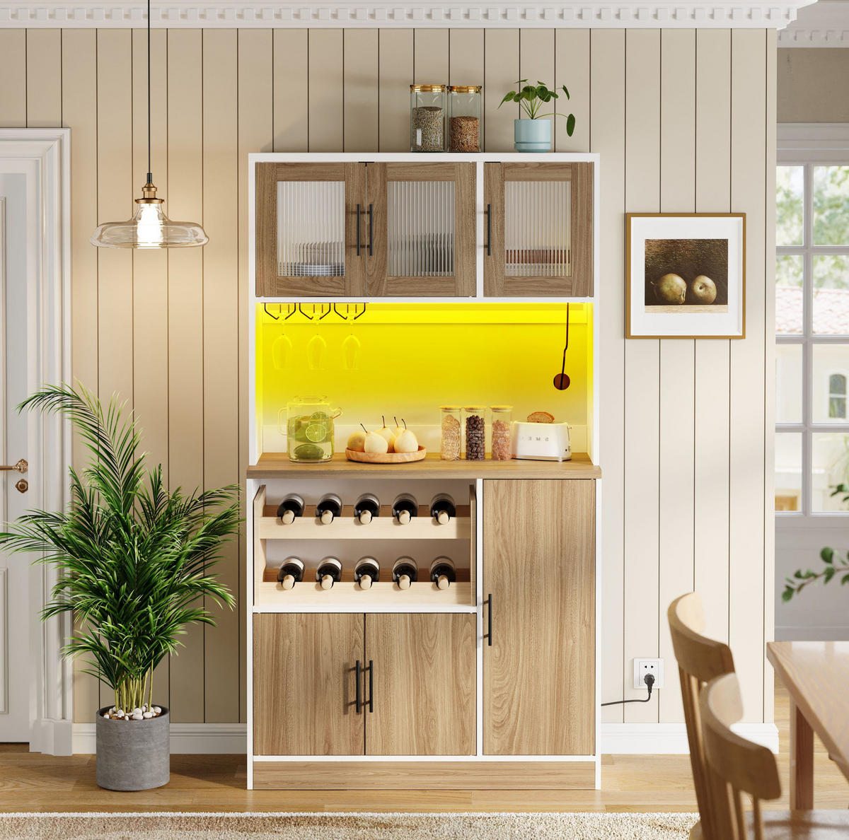 BUFFET 100/40/180 cm aus MDF mit LED-Beleuchtung und Steckdosenleiste Weiß/Sonoma-Eiche - Weiß, Holzwerkstoff (100/180/40cm) - Modenvie