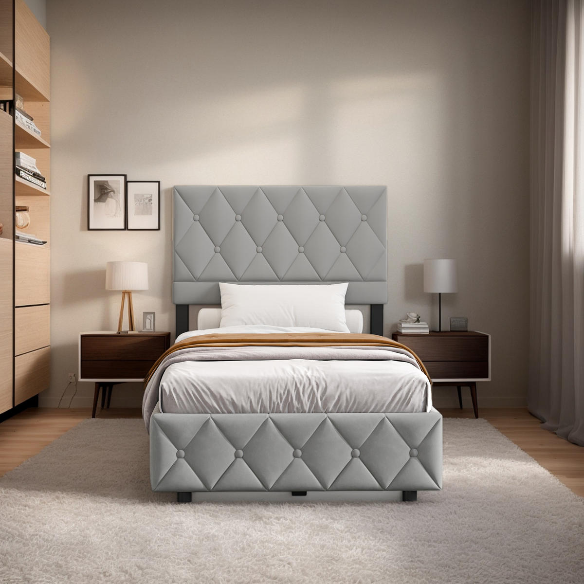 POLSTERBETT 90/200 cm Grau mit hydraulischem Stauraum aus Samt - Grau, Holzwerkstoff (90/200cm) - OKWISH