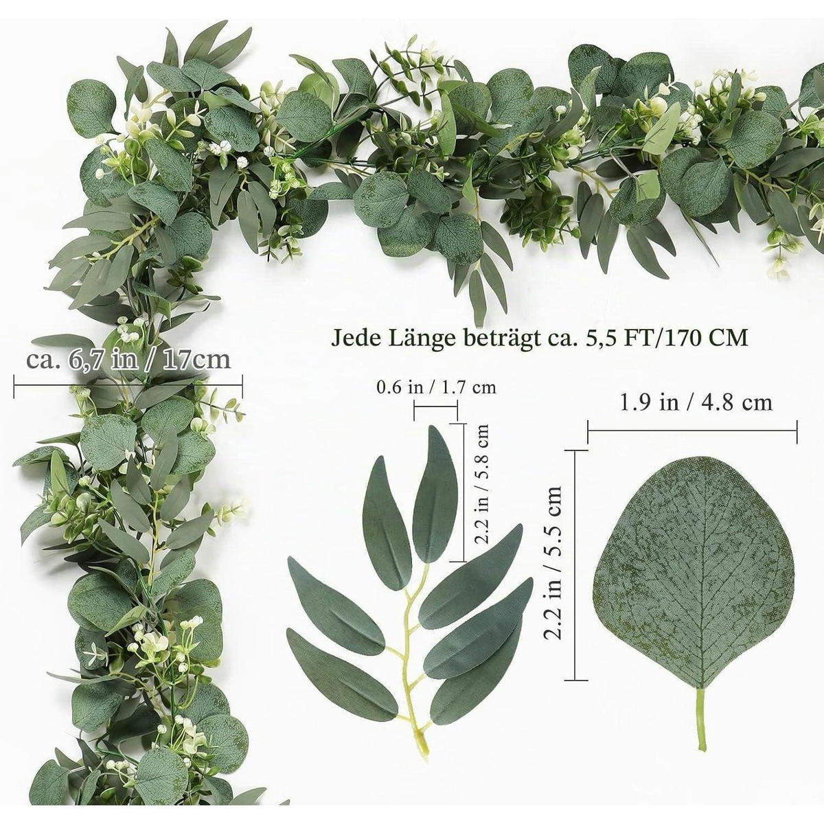 GIRLANDE 2-teiliges Set Eukalyptus mit weißen Blüten 170 cm - Grün, Kunststoff (180cm)