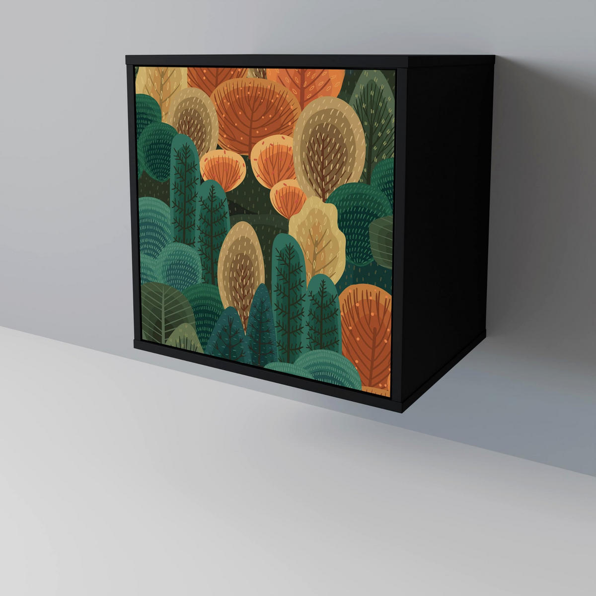 SIDEBOARD AUTUMN KALEIDOSCOPE, Schwarz, 57,5x42x70,5 cm, Schwarze Metall-Sternfüße - Multicolor/Schwarz, Holzwerkstoff/Metall (57.5/70.5/42cm) - SpaceRebels