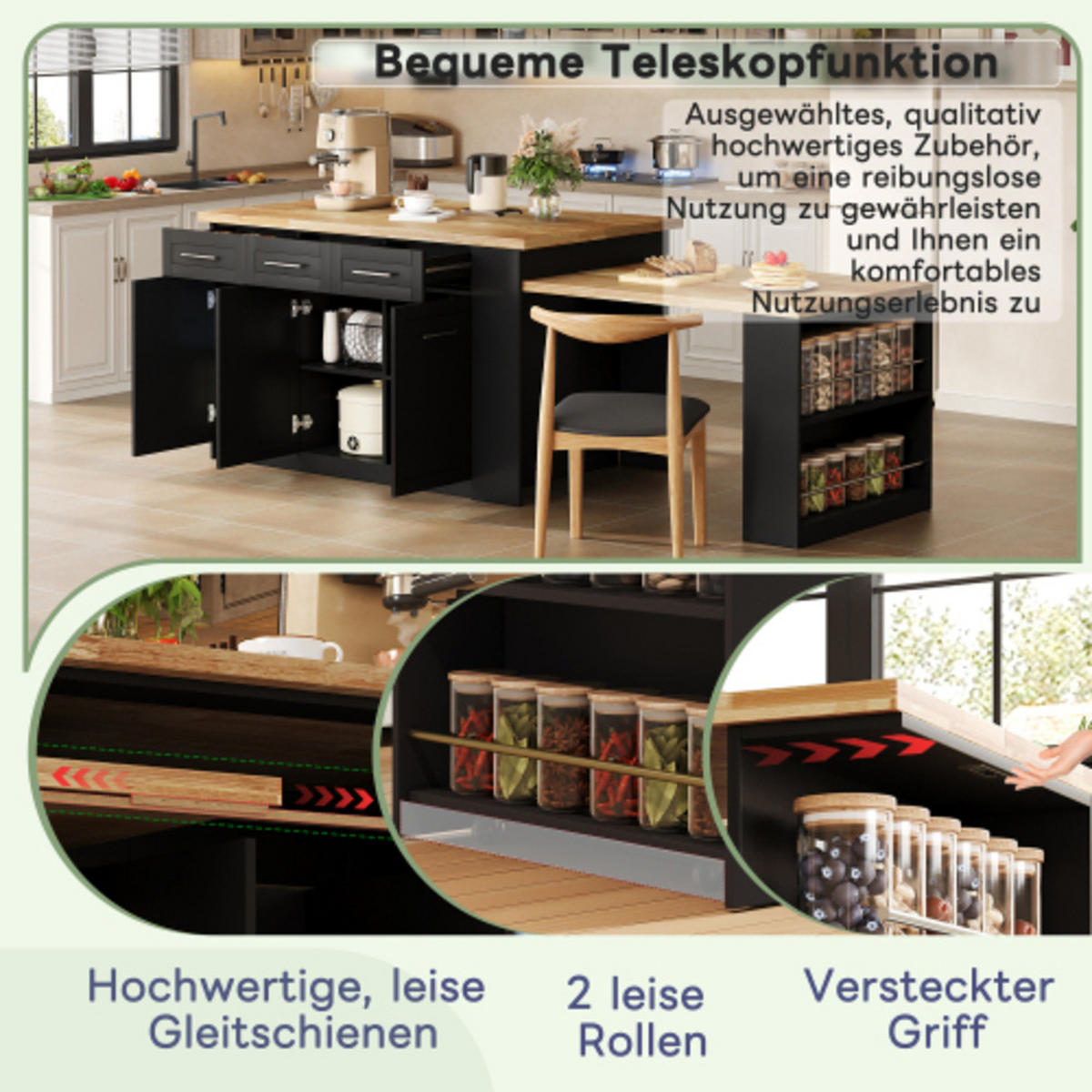 KÜCHENINSEL Schwarz-Natur aus MDF mit integriertem ausziehbarem Esstisch 150 × 90 × 90 cm - Schwarz, Holzwerkstoff (150/90/90cm) - Luhomfu
