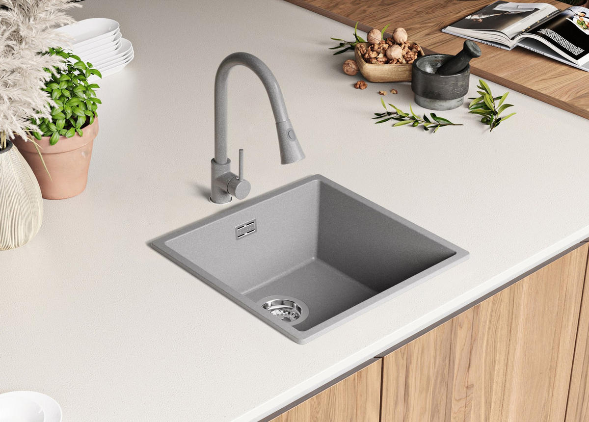 SPÜLBECKEN London Slim, 2-er set Grau 46/47 cm 1 Becken + Ablauf-Set ab 50er Unterschrank - Grau, Kunststoff (46/20/47cm) - Primagran