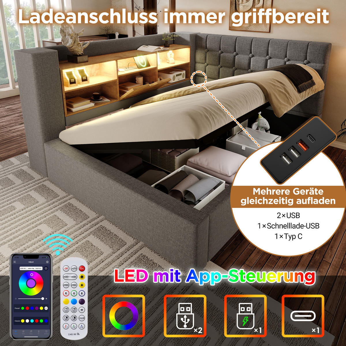 POLSTERBETT 90/200 cm mit LED-Beleuchtung, Bettkasten und L-Kopfteil - Grau, Textil (90/200cm) - BEAOK