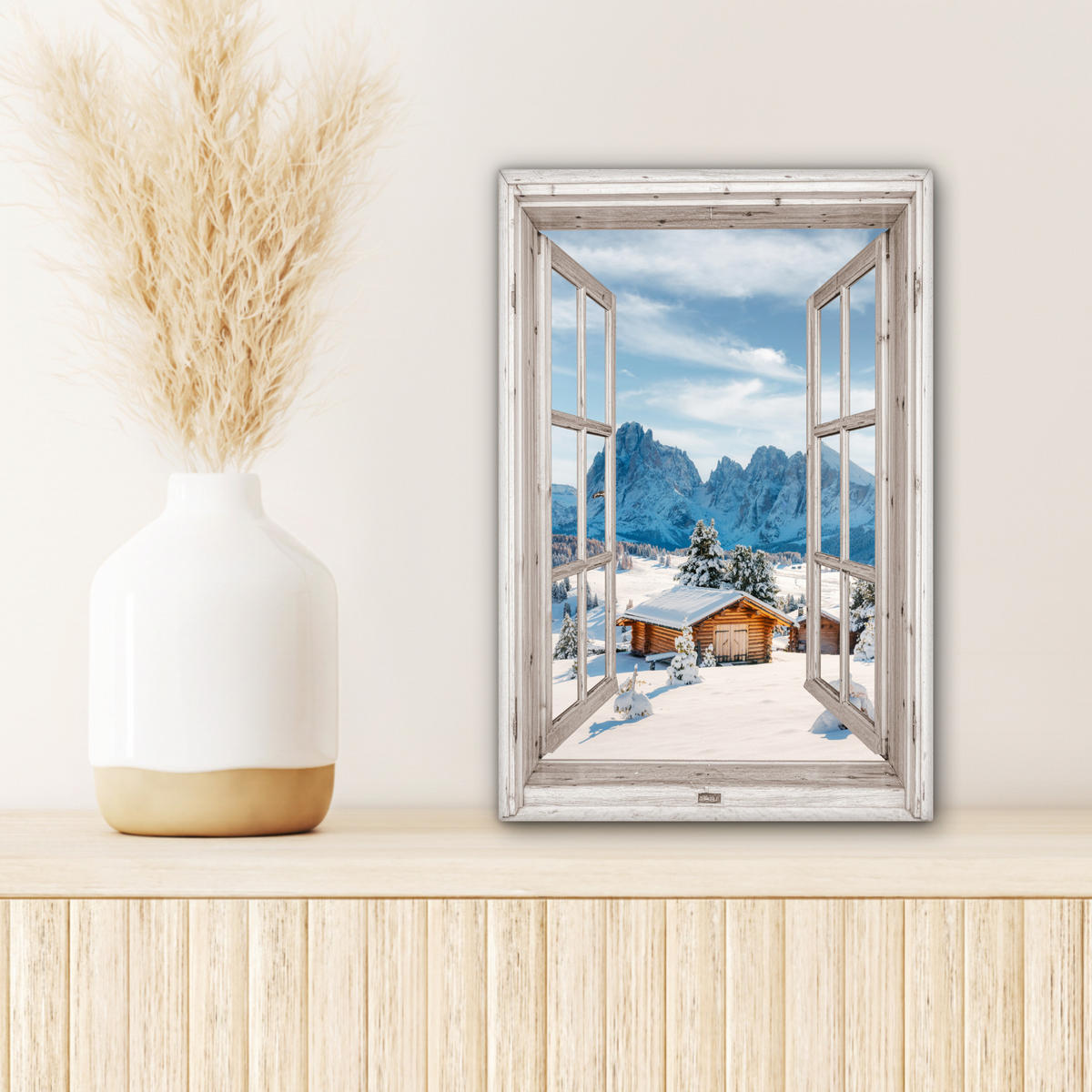 LEINWANDBILD Winterlandschaft - Hütte - Berge - Ausblicke - Aussicht - Natur 20x30 cm - Weiß Hochglanz, Textil (20/30cm) - MuchoWow