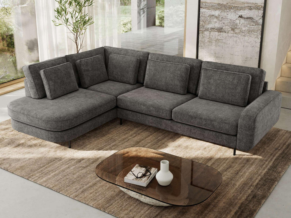 ROHOVÁ SEDAČKA CALENO L - Šedá hladký senil - Pravá Strana - černá/tmavě šedá, kov/textil (317/225cm) - MKS