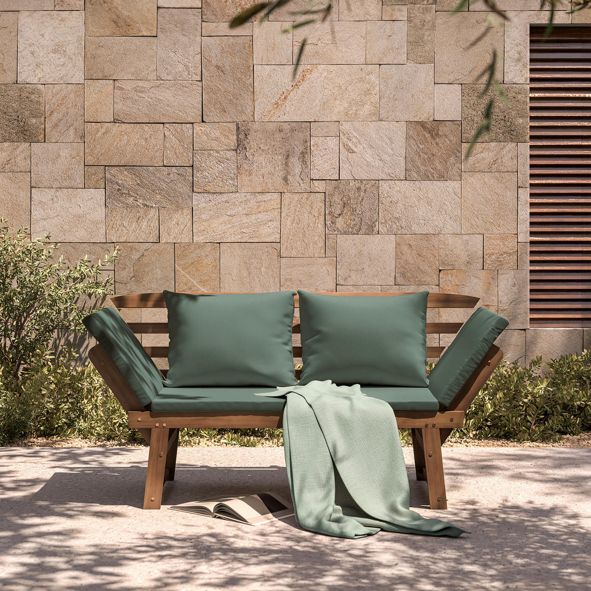 MASSIVE GARTENBANK - Akazie massiv / Polyester - Braun / Weiß - Olivgrün, Holz/Textil (159/85/67cm) - home24