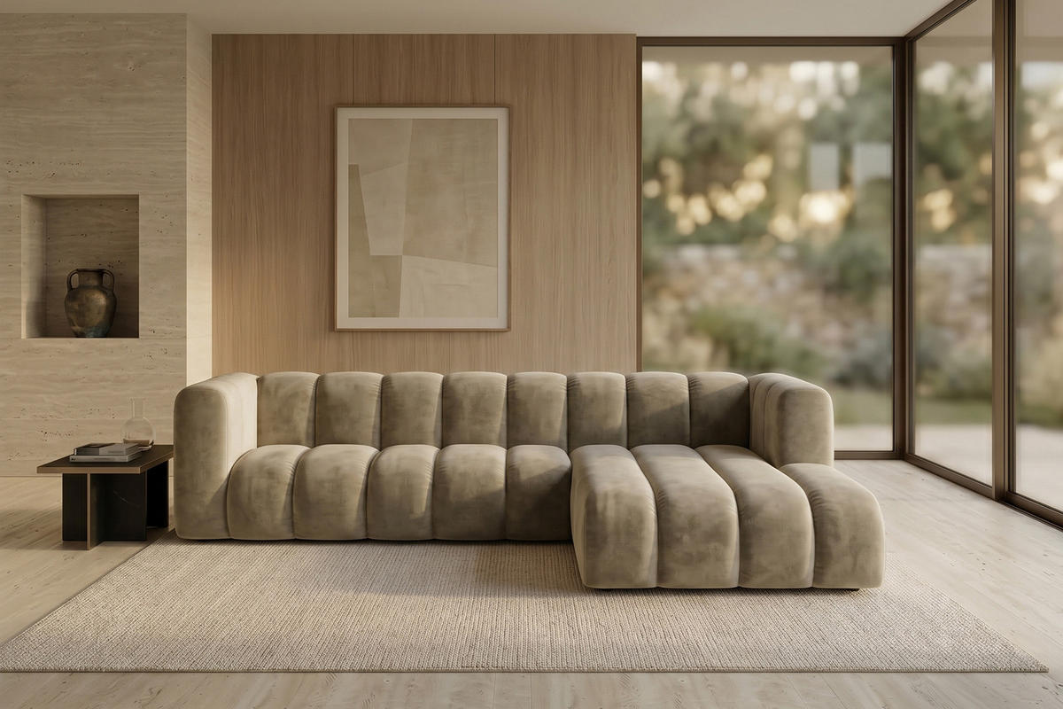 ECKSOFA Modulares In L-Form, Velvet-Stoff Riviera, Beige, Rechts, GRAND 287 cm - Beige, Holz (287/179cm) - Kaiser Möbel
