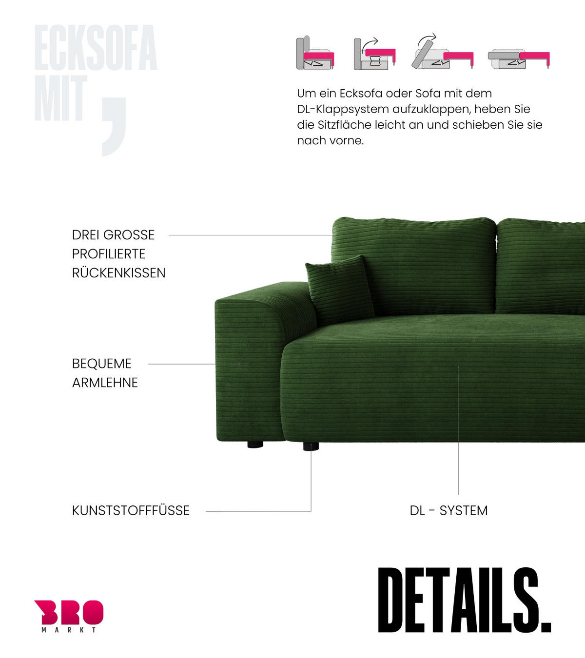 ECKSOFA Romeo mit Schlaffunktion Grün - Grün, Textil (285/185cm) - Bromarkt