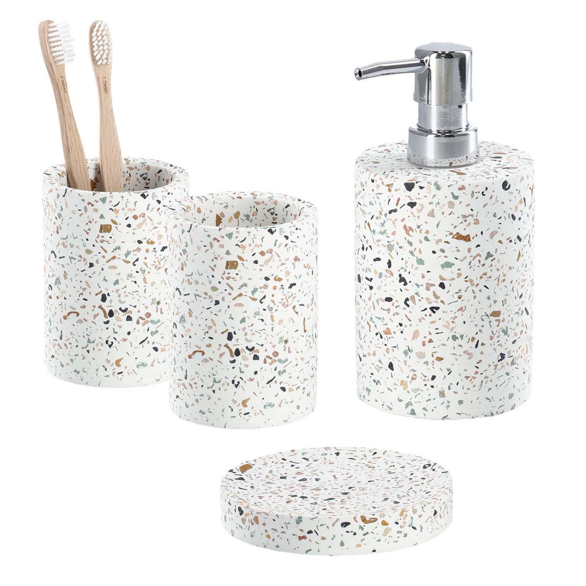 BADACCESSOIRES Terrazzo - Zement, 4-teiliges Set - Beige, Stein (8.2/16.8/8.2cm) - Zeller Present