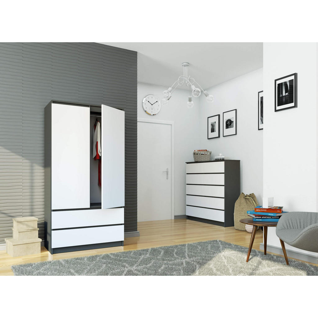 Thumbnail - Akord Kleiderschrank, Grau, Weiß, Holzwerkstoff, Nachbildung, 4 Fächer, 2 Schubladen, Rechteckig, 90x180x51 cm, Schlafzi...