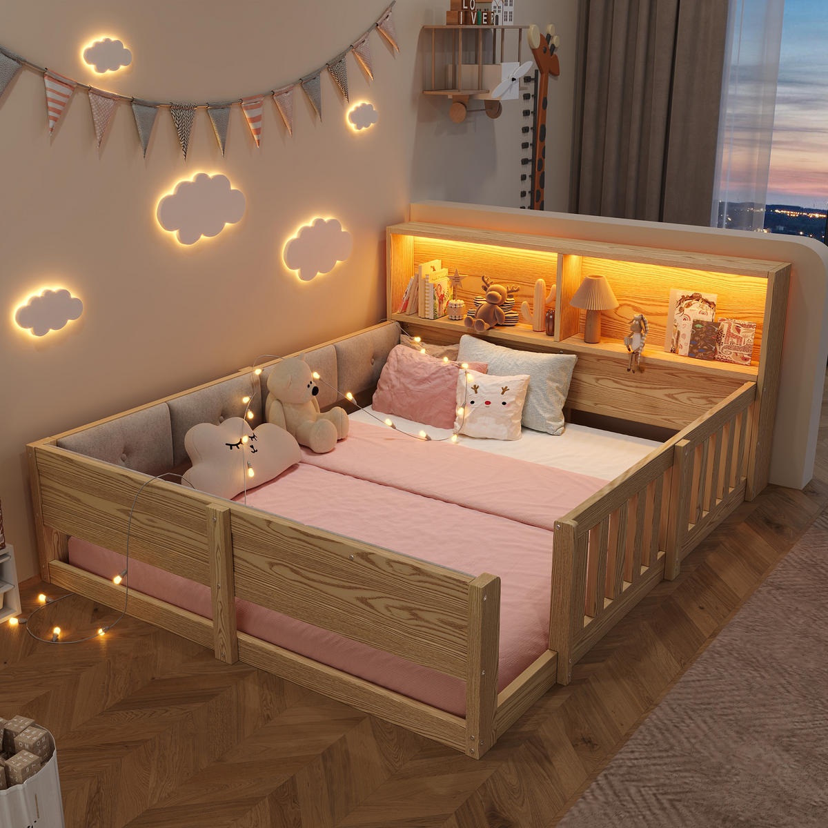 NÍZKÁ POSTEL 140x200cm Dětská Mřížka LED Přírodní - přírodní, kompozitní dřevo (140/200cm) - FLIEKS