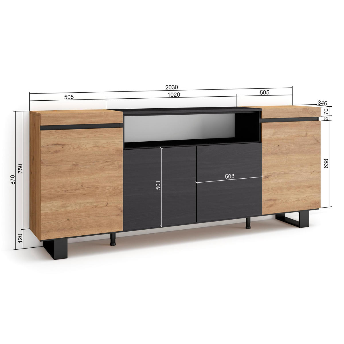 SIDEBOARD eiche, schwarz, 200/35/87cm - Multicolor, Holzwerkstoff (200/87/35cm) - Skraut Home