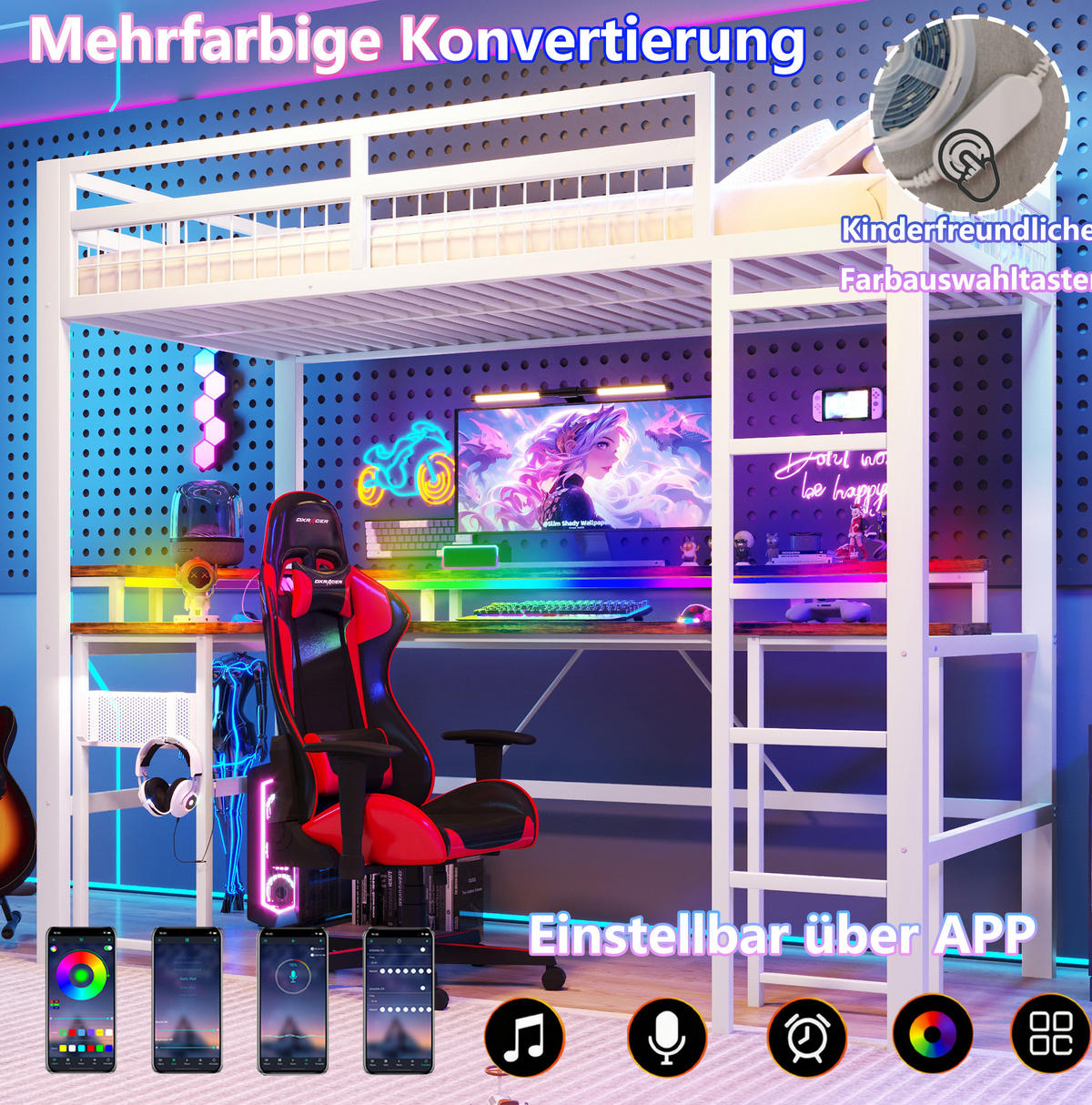 HOCHBETT 90/200 cm in Weiß mit Schreibtisch und LED-Beleuchtung - Weiß, Metall (90/200cm) - Flora Grace