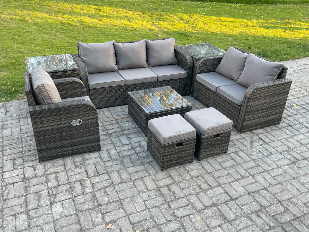 GARTENTISCHGRUPPE Polyrattan Dunkelgrau 8-teilige - Dunkelgrau/Grau, Glas/Kunststoff - Fimous
