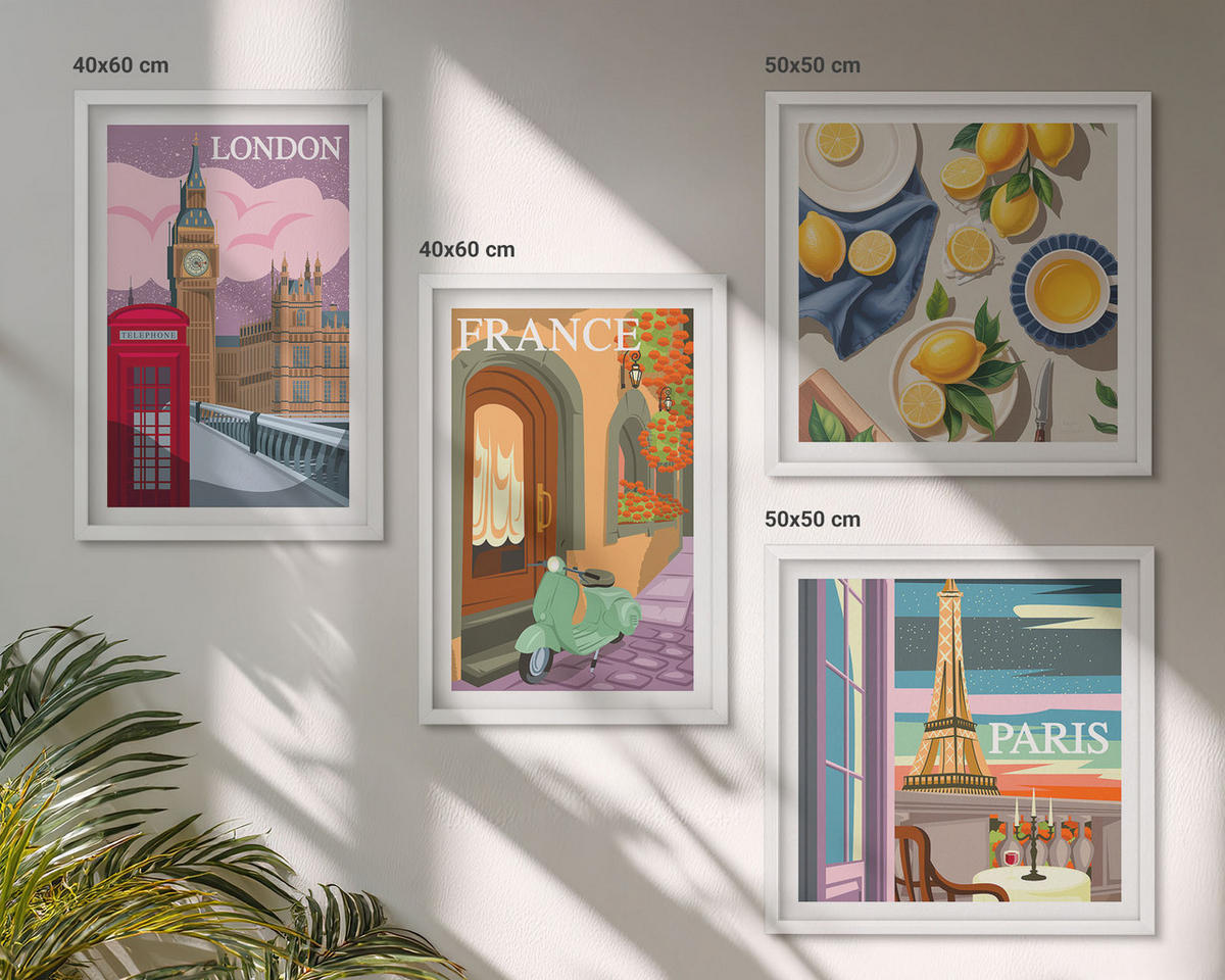 WANDBILDER 4er-Set - 50x50 cm & 40x60 cm Weißer Rahmen - Stadtansichten Paris London Frankreich - Weiß, Kunststoff (50/50cm) - ArtPrintCave