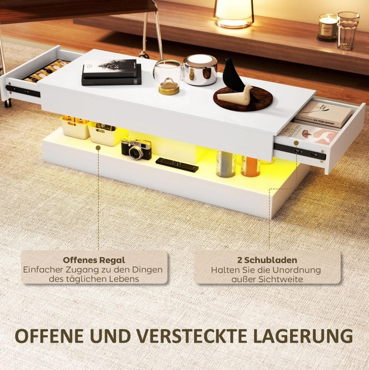 COUCHTISCH 120/50/42 cm weiß aus Spanplatte mit LED-Licht - Weiß, Holz (120/50/42cm) - OKMYHOME
