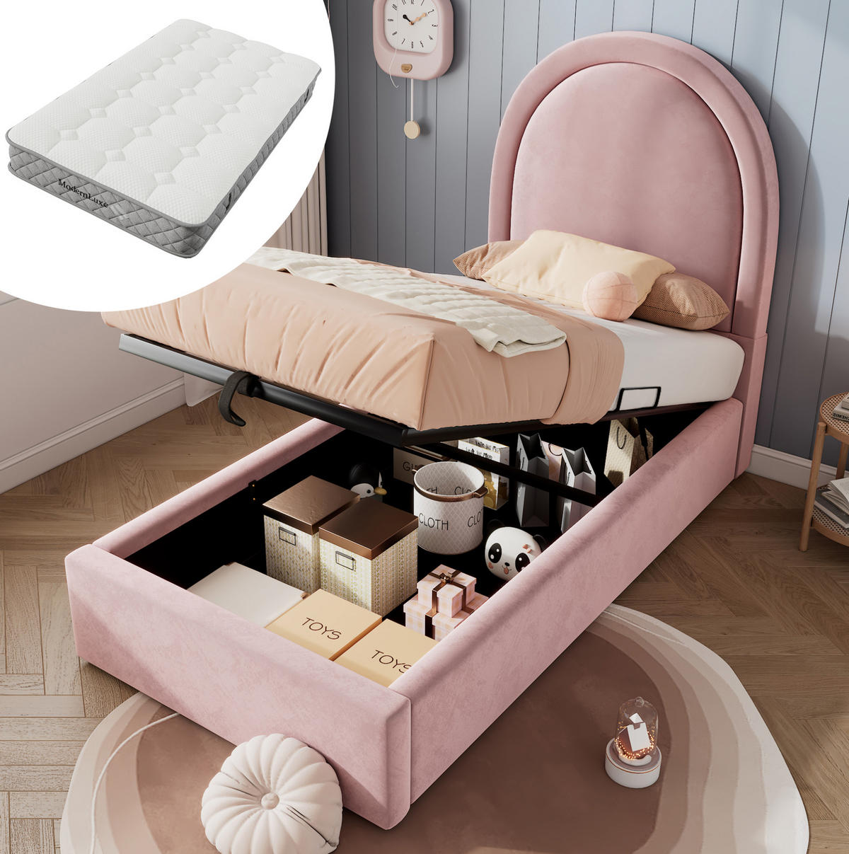 POLSTERBETT mit Stauraum und Matratze 90x200 cm Samt Rosa - Pink, Metall (90/200cm) - Beauniv