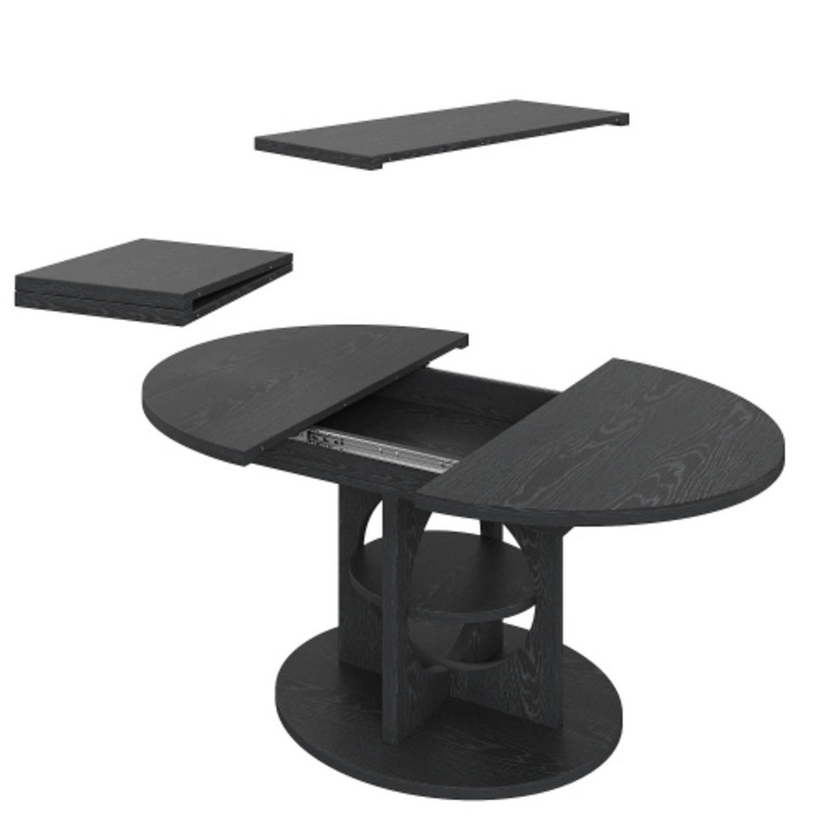 ESSTISCH Ausziehbarer 110-150×110×76 cm aus MDF und Metall mit mittlerem Ablageregal, schwarz - Schwarz, Holzwerkstoff (150/110/76cm) - Luhomfu
