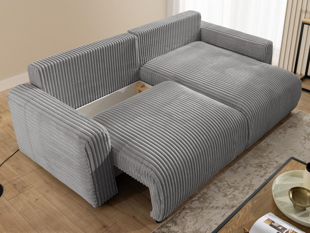ECKSOFA Calma mit Schlaffunktion und Bettkasten im Bumpy-Design aus weichem Grau Plüschcord - Ottomane rechts - Schwarz/Grau, Holz/Kunststoff (140/239cm) - S-Style