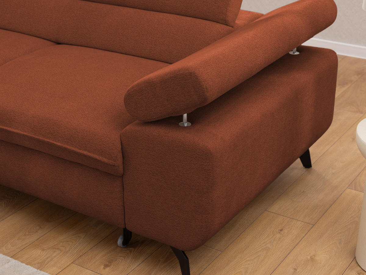 ECKSOFA mit Schlaffunktion und Bettkasten Bonnie aus Terrakotta Chenille-Stoff mit verstellbaren Kopfstützen und Armlehne - Ottomane links - Terracotta/Schwarz, Holz/Textil (275/210cm) - S-Style Möbel