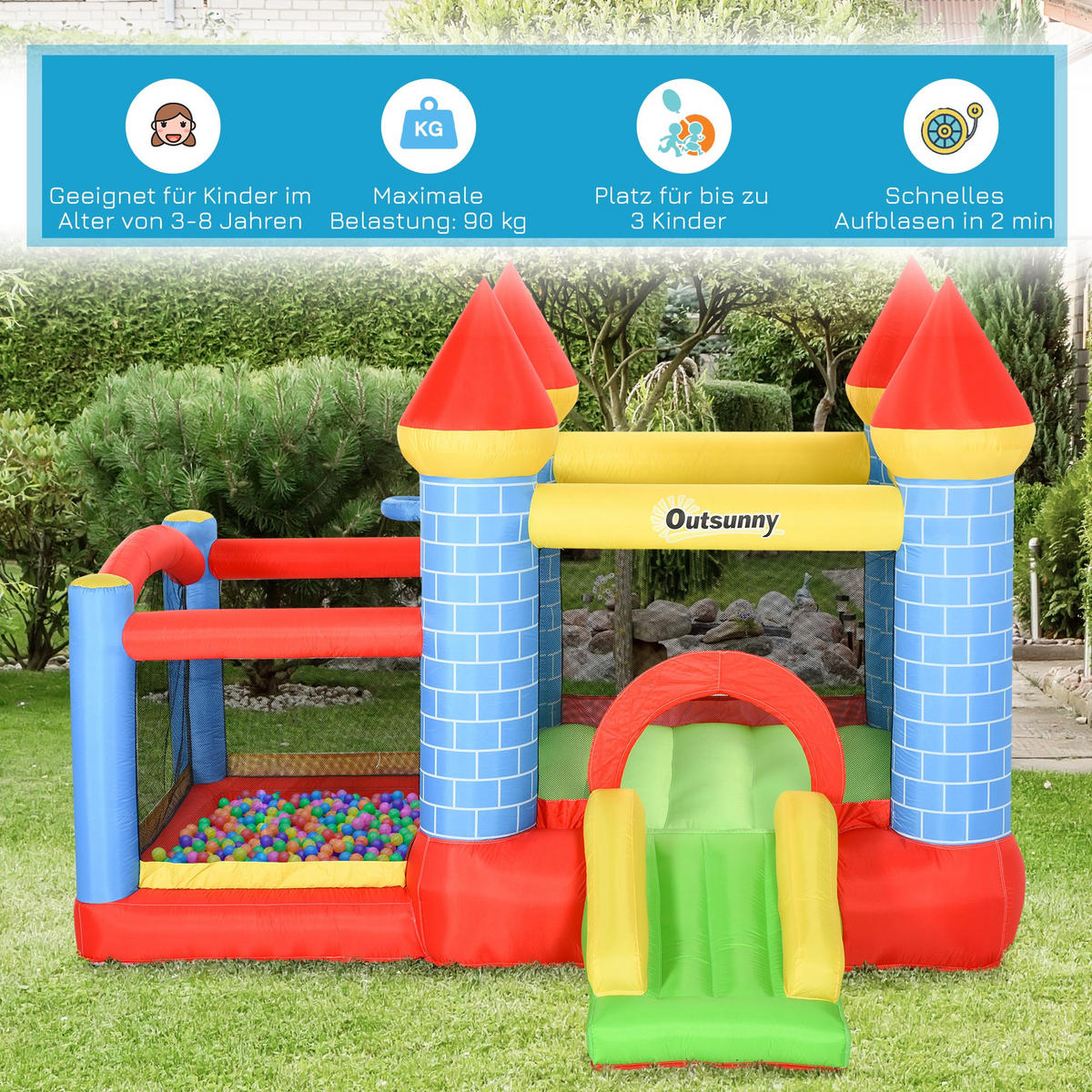 AUFBLASBARE Hüpfburg mit Rutsche Pool für 3 Kinder Burg mit Gebläse - Rot, Kunststoff (280/260/210cm) - Outsunny