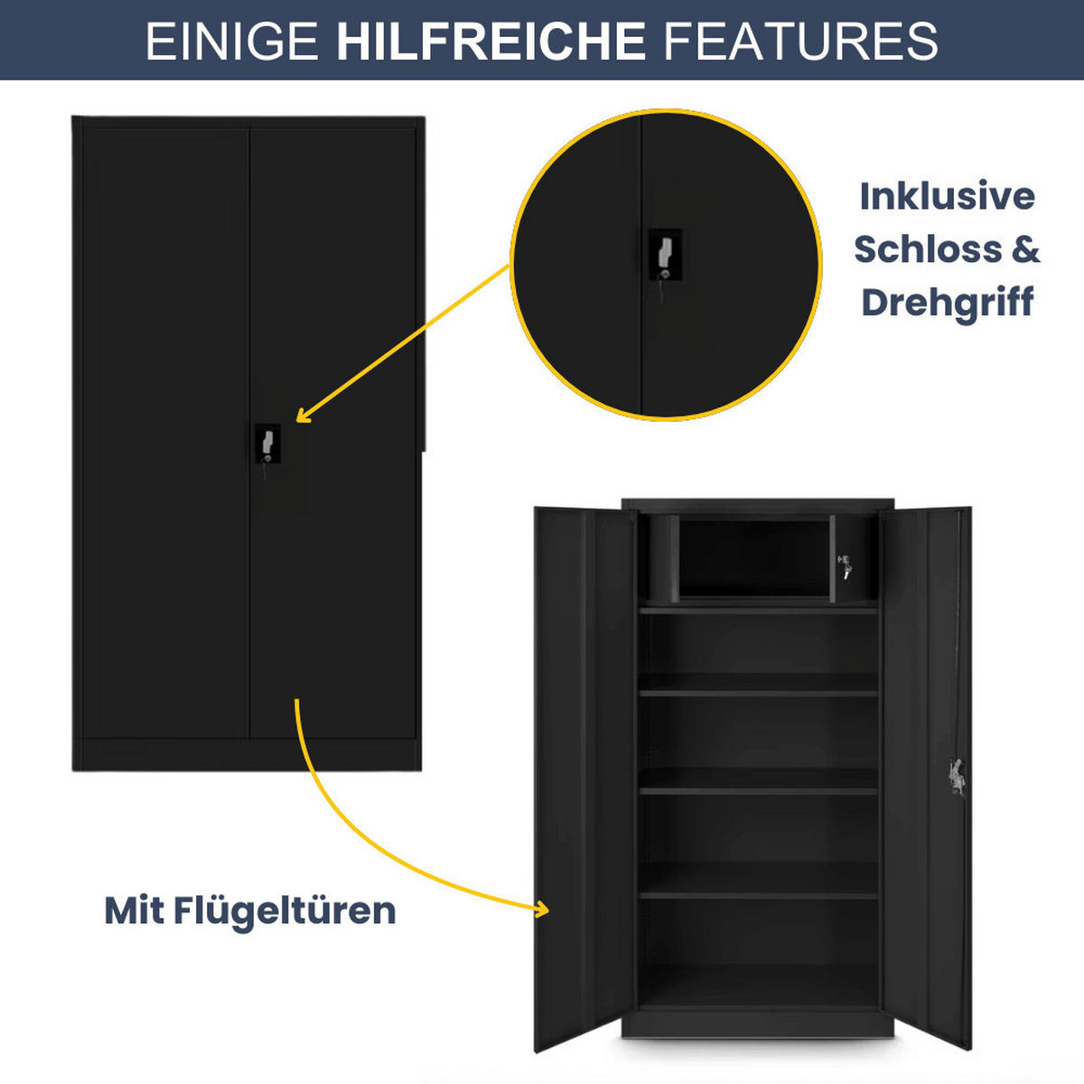 METALLSCHRANK abschließbar KODLI mit Geheimfach 185x90x45cm Schwarz - Schwarz, Metall (90/185/45cm) - DELUKE