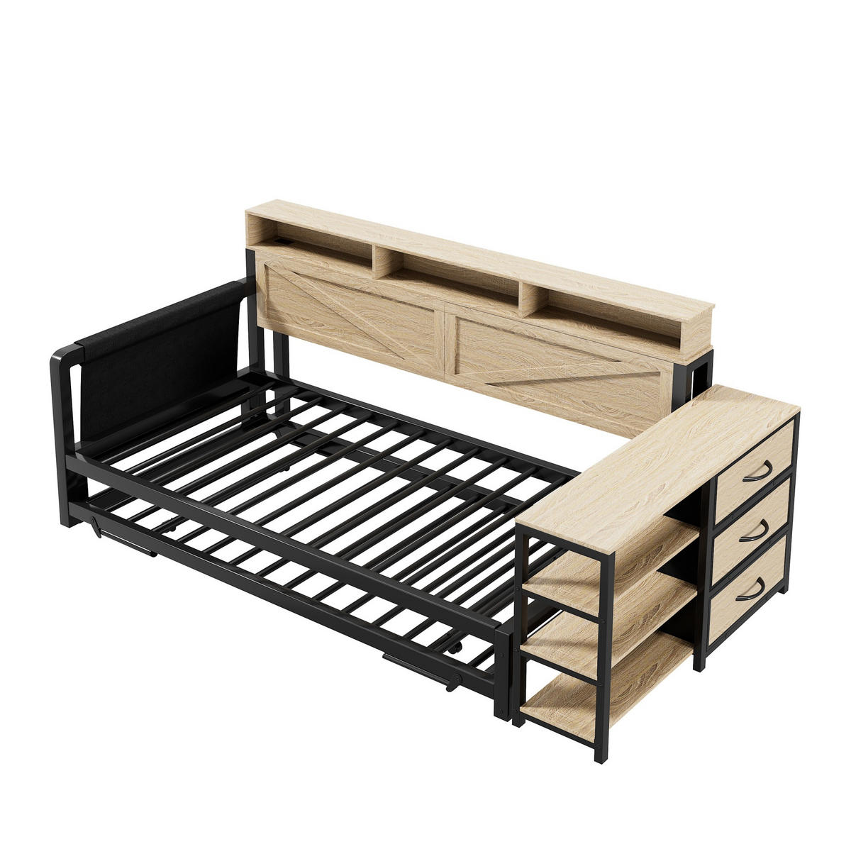 METALLBETT 90/200 cm mit Ausziehbett, Stauraum, LED und USB in Schwarz - Schwarz, Holzwerkstoff (90/200cm) - BEAOK
