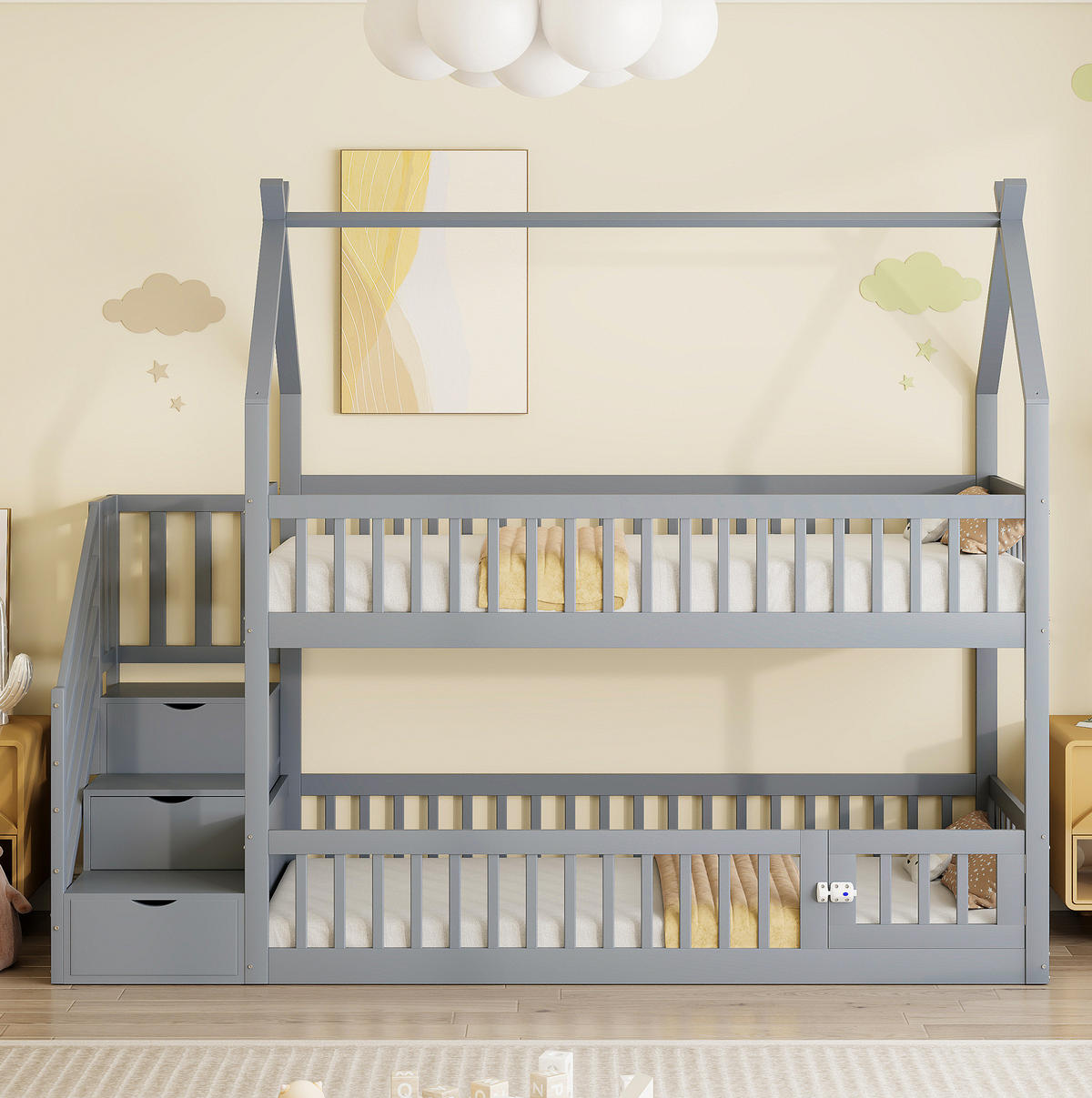 ETAGENBETT 90/200 cm mit Dach, Sicherheitstreppe und Schubladen, Grau - Grau, Holzwerkstoff (90/200cm) - Redom