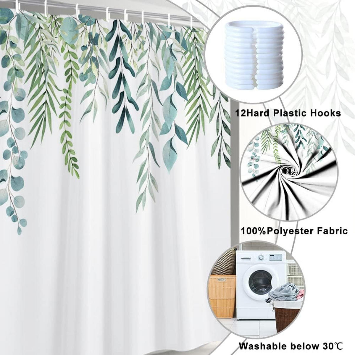 DUSCHVORHANG Grün Eukalyptus Blätter 180 x 180 cm schimmelresistent wasserdicht Polyester waschbar blickdicht - Grün, Textil (180/180cm) - MCBOSON