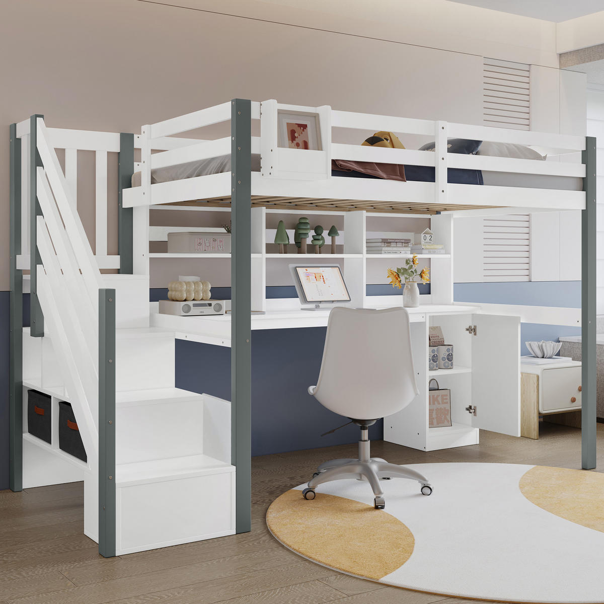 HOCHBETT 90/200 cm weiß aus Massivholz mit Schreibtisch und Stauraumtreppe - Weiß, Holz (90/200cm) - OKWISH