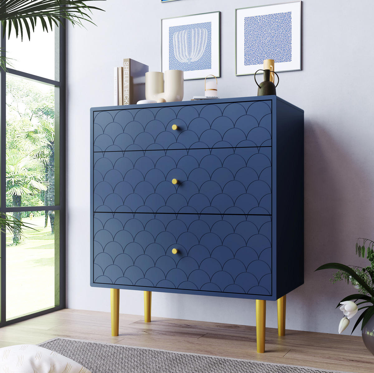 KOMMODE 75/40/89 cm mit 3 Schubladen und Metallbeinen in Marineblau - Dunkelblau, Holz (75/89/40cm) - BEAOK