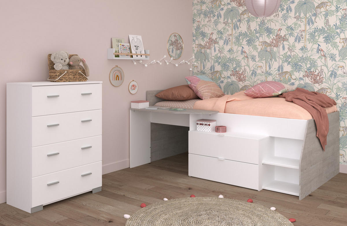 KINDERZIMMER weiß, grau, Set 2-teilig mit Stauraumbett, Kommode - Silberfarben/Weiß, Holzwerkstoff/Kunststoff (135/106/203cm) - Parisot Meuble