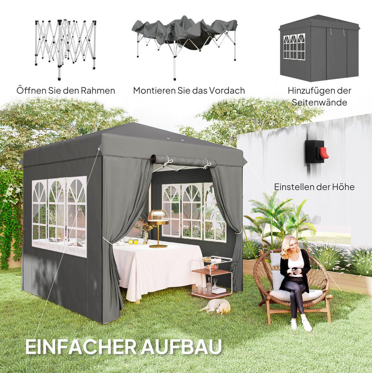 PAVILLONS aus Polyester 250x250x268 cm in Dunkelgrau mit UPF50+ UV-Schutz - Dunkelgrau, Textil (250/268/250cm) - Modfu