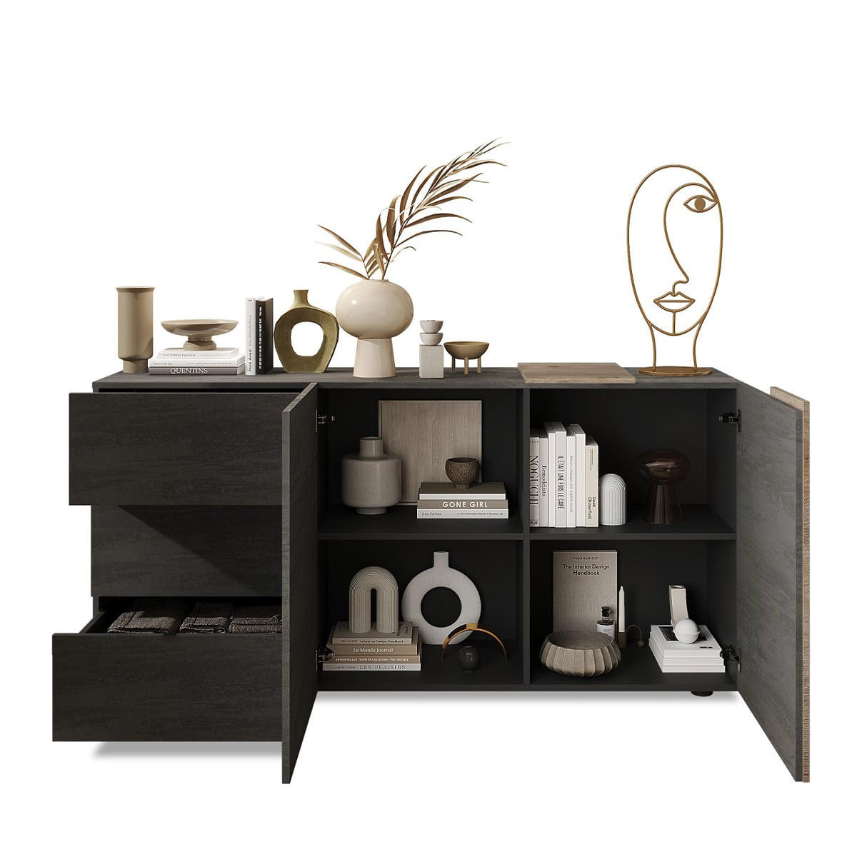 BUFFET 2 Türen 3 Schubladen L181 cm - Pluton - Eschefarben, Holzwerkstoff (44/84/181cm) - Calicosy