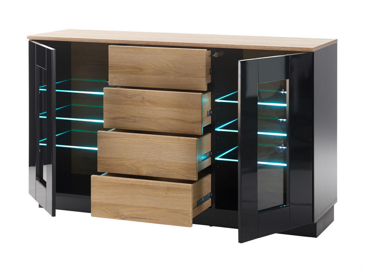 SIDEBOARD schwarz Hochglanz, Grandson Eiche, Kommode 136 x 85 cm - Schwarz Hochglanz/Eichefarben, Glas/Holzwerkstoff (136/85/43cm) - Furn.Design