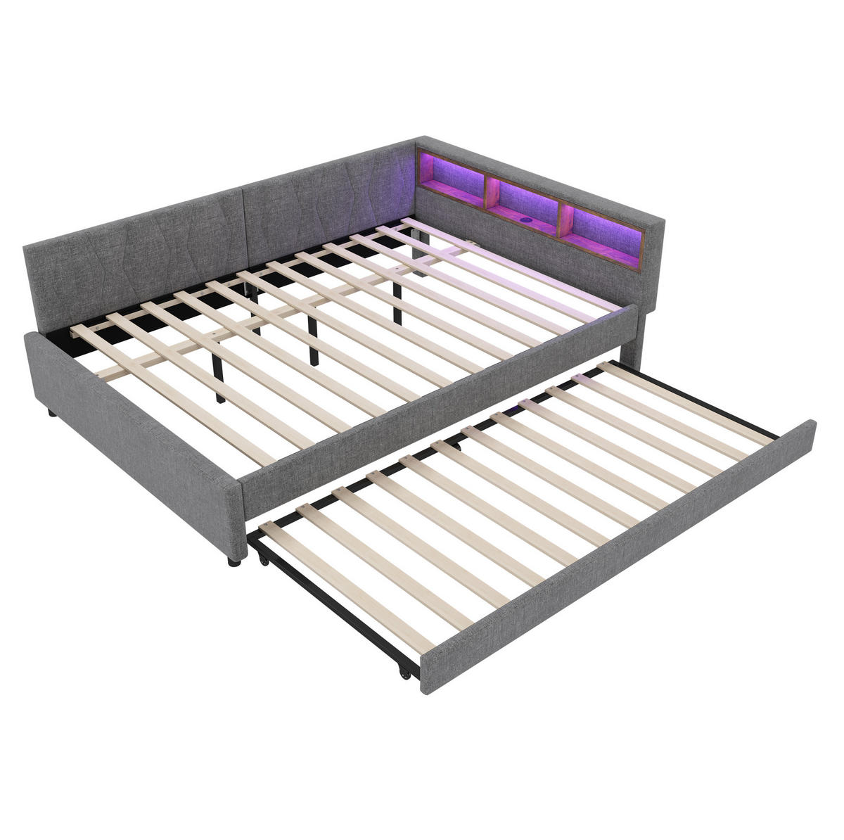 POLSTERBETT 140/200 cm mit LED-Beleuchtung, USB-C und ausziehbarem Gästebett - Grau, Textil (140/200cm) - BEAOK