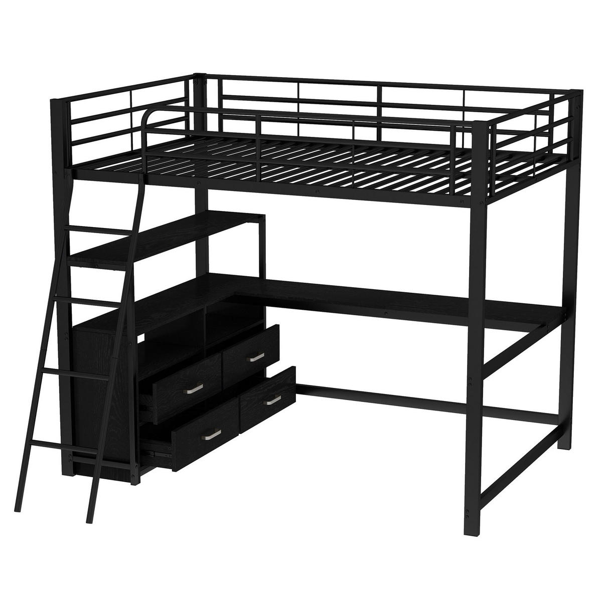 HOCHBETT aus Metall und MDF 140x200 cm Schwarz mit L-förmigem Schreibtisch und Schubladen - Schwarz, Metall (135/190cm) - IVMEU