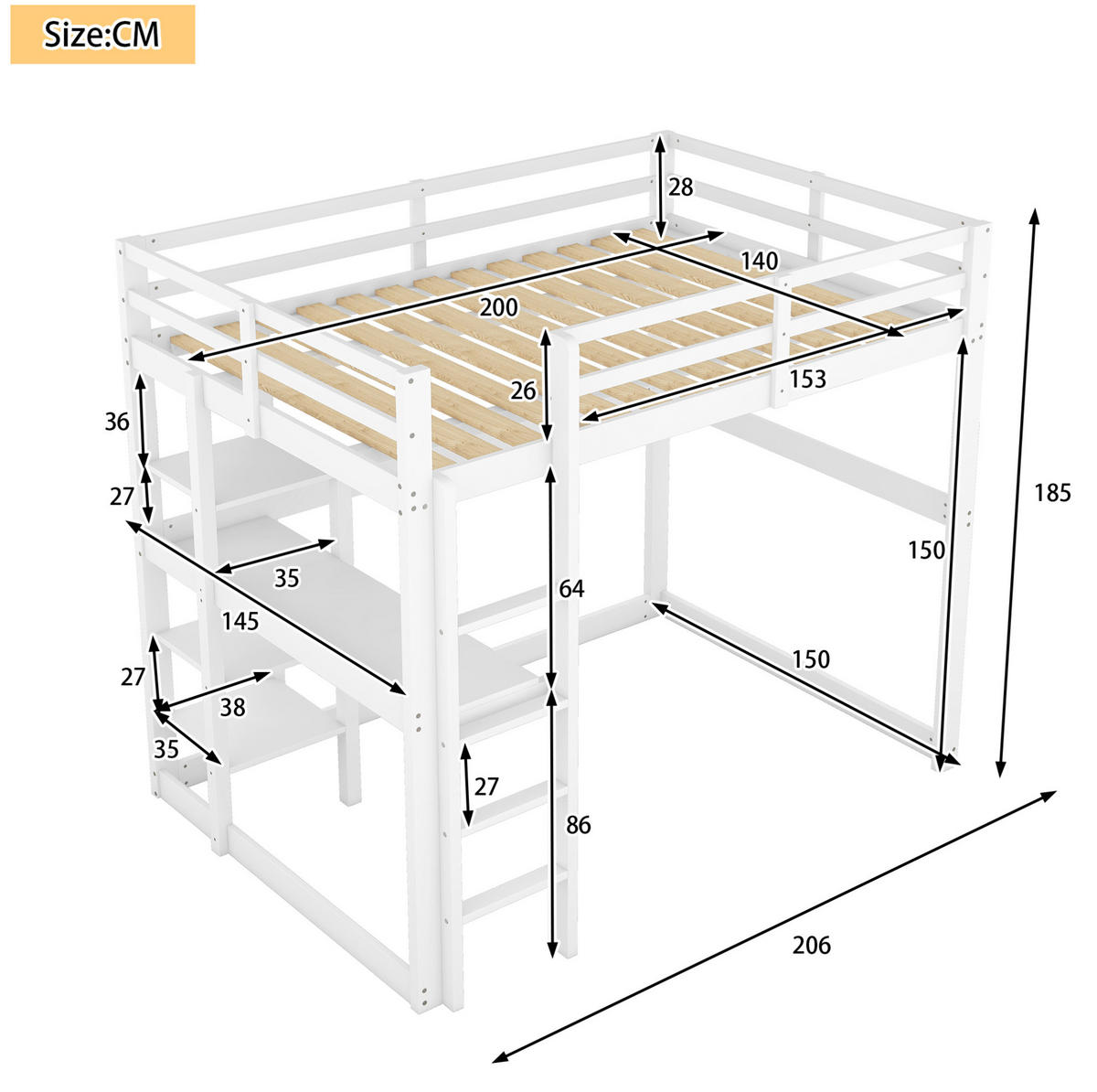 HOCHBETT 140/200 cm mit Stauraum aus Kiefer mit Schreibtisch - Weiß, Holz (140/200cm) - OKWISH