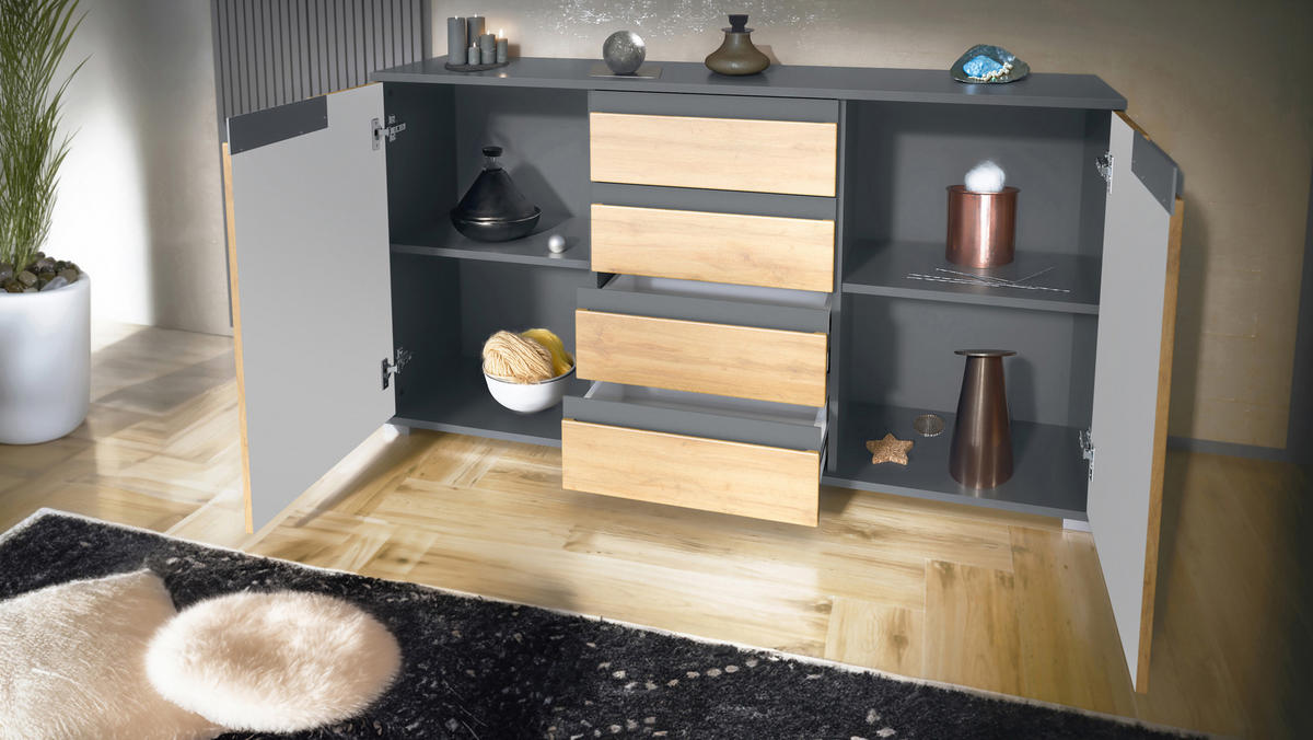 SIDEBOARD Sylt Schwarz Hochglanz / Weiß Hochglanz - Schwarz Hochglanz, Holzwerkstoff (138.5/75.5/35cm) - Vladon