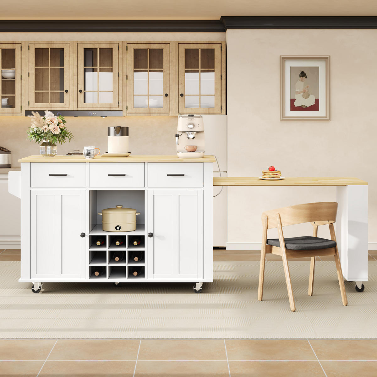 KÜCHENINSEL 93 cm MDF Natur Weiß mit Ausziehbarer Arbeitsplatte und Weinregal - Weiß, Holzwerkstoff (50/93/136cm) - Korfee