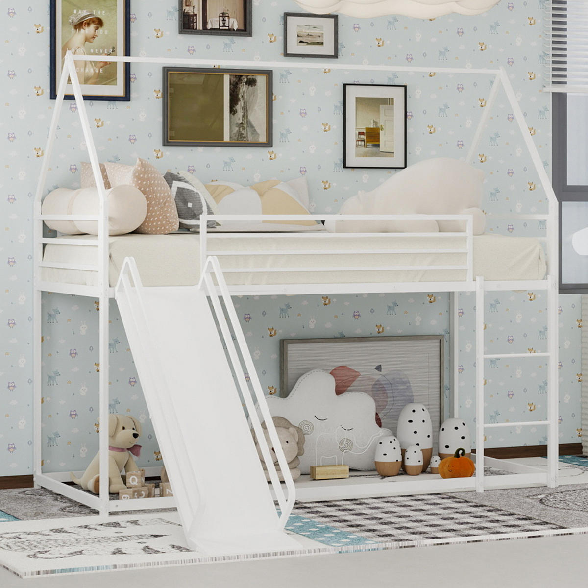 ETAGENBETT 90/200 cm weiß aus Eisen mit Rutsche und Leiter - Weiß, Metall (90/200cm) - OKWISH