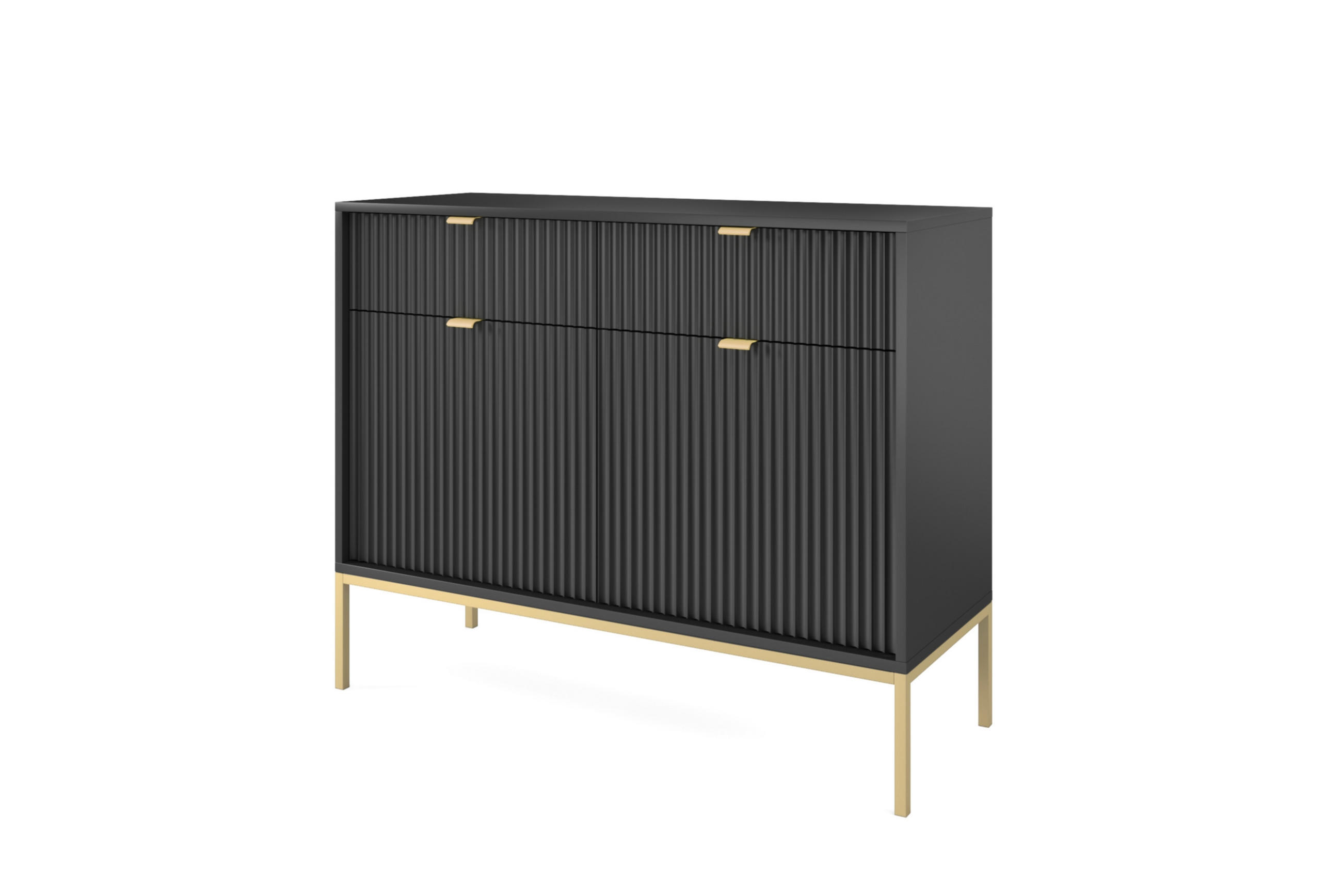 KOMMODE NOVA, Geriffelte Front, 2-Türen, 2-Schubladen 104x39x83 cm, Schwarz - Goldfarben/Schwarz, Holzwerkstoff/Kunststoff (104/83/39cm) - DomoHome